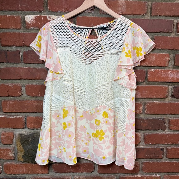 HD‎ in Paris Anthropologie women's fluttered flores blouse  size 8 floral lace - Picture 1 of 13